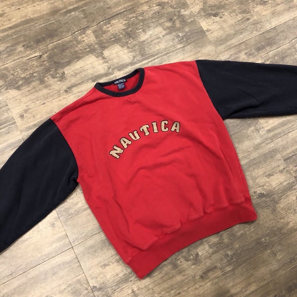 VINTAGE Nautica Sweatshirt Men Spellout Logo Pullover 90s NO SIZE TAG Colorblock